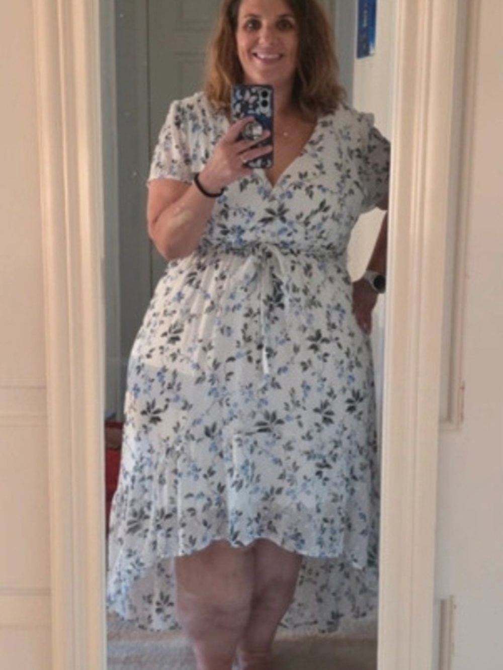 NY Collection Light Blue Floral High-Low Wrap Dress with Tie Waist